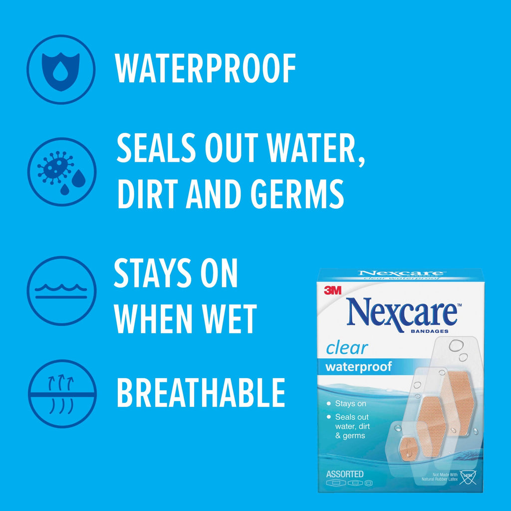 Nexcare Waterproof Assorted Bandages, Clear, 100ct