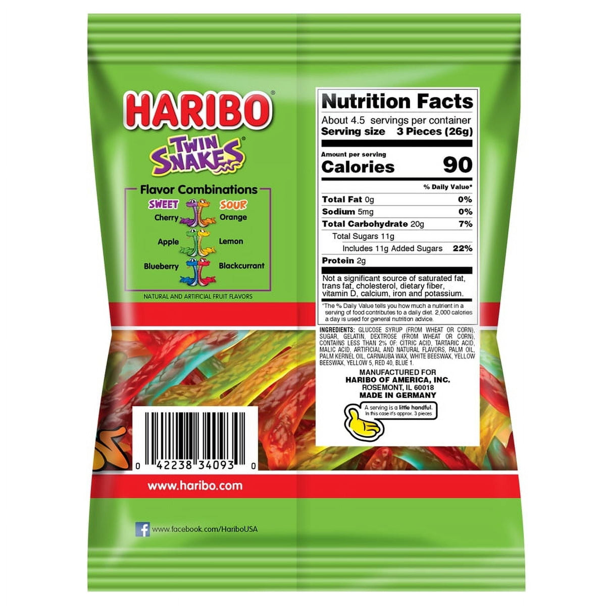 HARIBO Twin Snakes Gummies Original Sweet and Sour Assorted Fruit Flavor Gummy Candy, 4 oz Bag