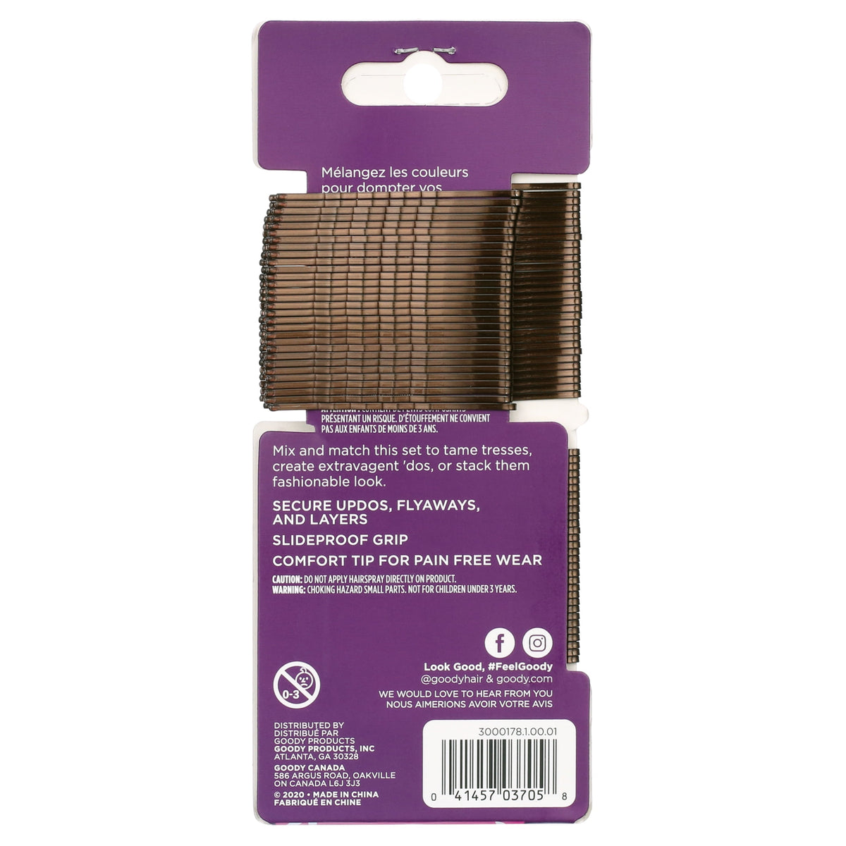 Goody Bobby Pins Slide-proof Grip, Secure Hold, Small, Hair Pins, Brown, 90 Ct