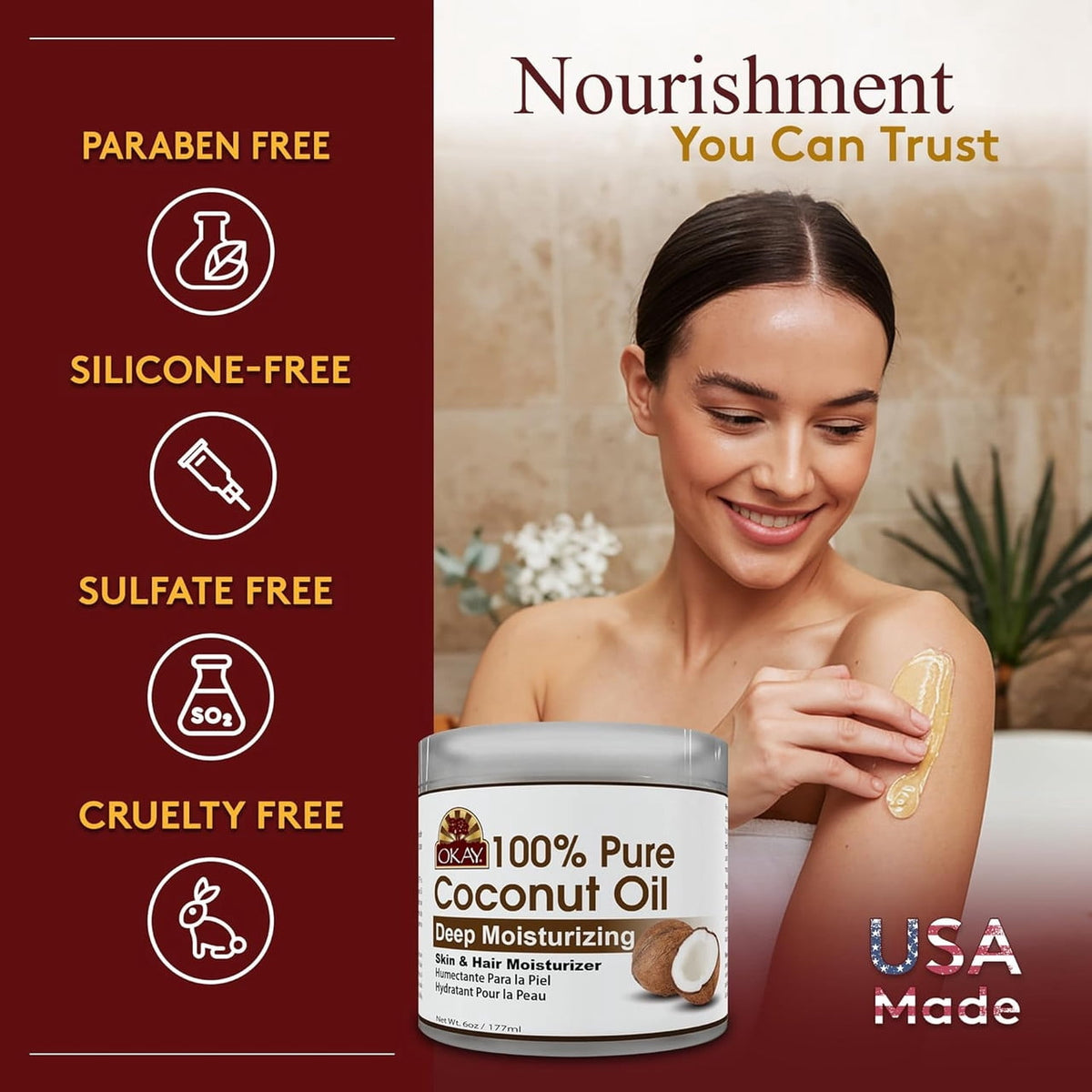 Okay Pure Naturals Pure Coconut Oil with Vitamin E Natural Skin Moisturizer and Anti Dandruff Formula, 6 oz