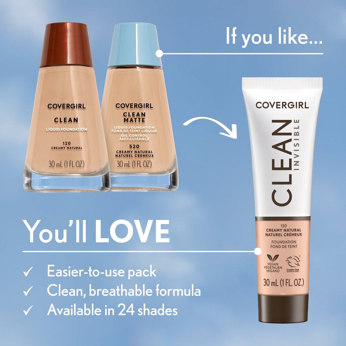 COVERGIRL Clean Invisible Liquid Foundation, 110 Classic Ivory, 1.0 fl oz