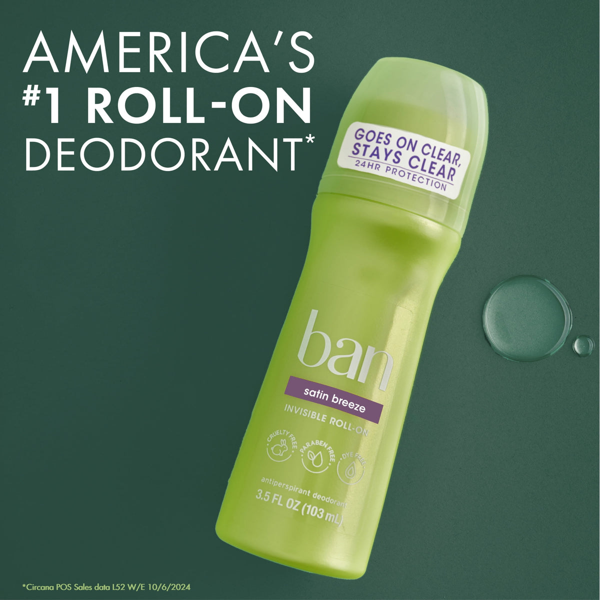 Ban Antiperspirant Deodorant Invisible Roll-On for Women and Men, Satin Breeze, 3.5 fl oz