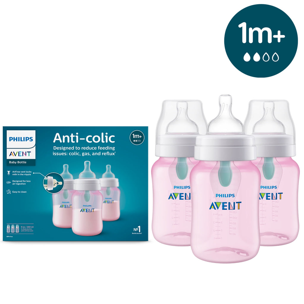 Philips Avent Anti-colic Bottle with AirFree Vent, 9oz, 3pk, Pink, SCY703/13