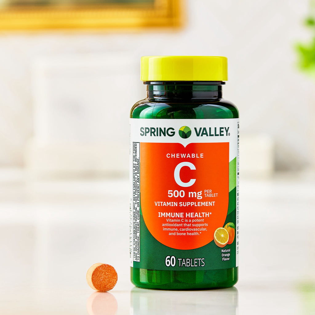 Spring Valley Vitamin C Dietary Supplement, Orange Flavor, 500 mg, 60 Count, Chewable Tablets
