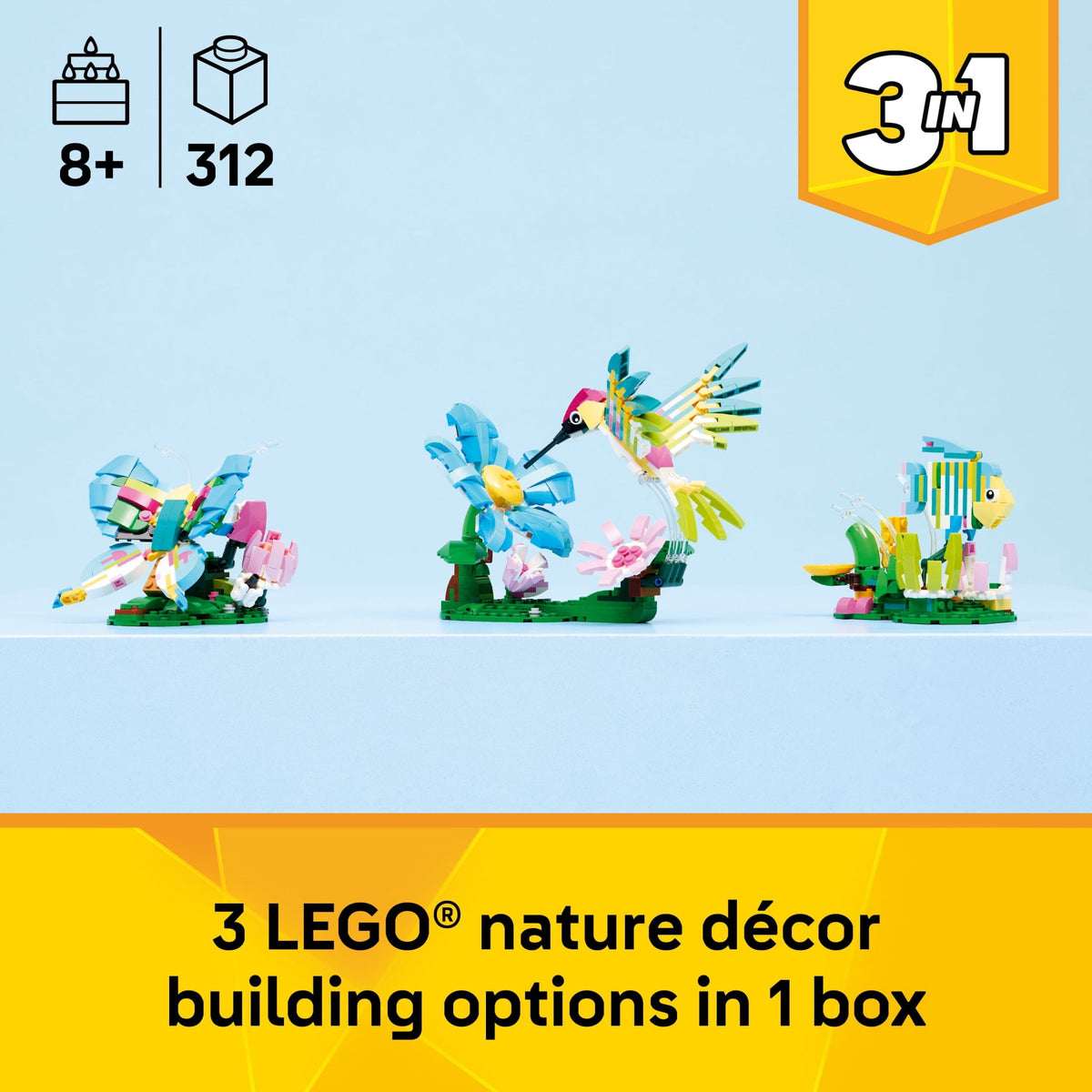 LEGO Creator 3 in 1 Wild Animals Colorful Hummingbird Building Toy 31384, Builds Bird, Butterfly or Tropical Fish, Ages 8+