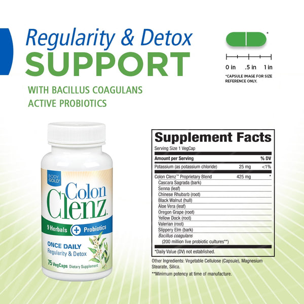 Body Gold Colon Clenz & Detox Overnight Formula | Once Daily with 9 Herbs + Active Probiotics | Constipation Relief for Adults | Bloating Relief