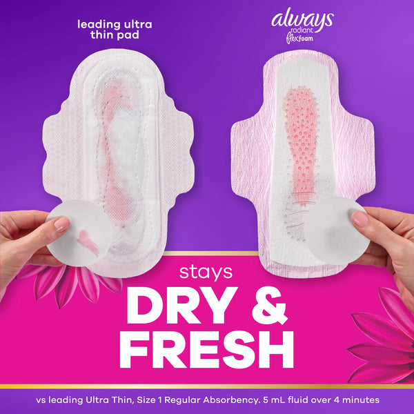 Always Radiant with FlexFoam Pads, Size 4, Overnight, Wings, 10 Count