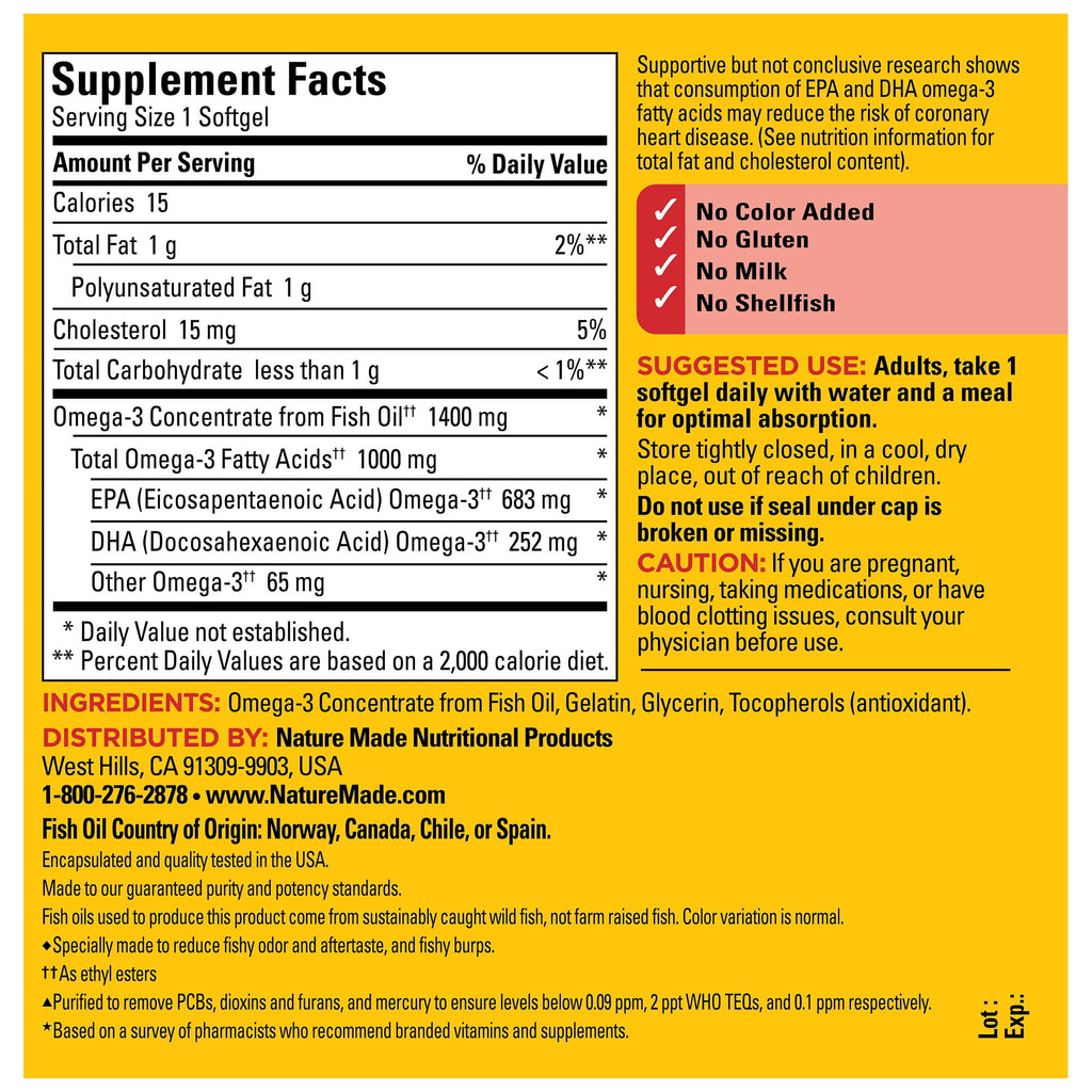 Nature Made Burp Less Ultra Omega 3 Fish Oil 1400 mg Softgels, Fish Oil Supplements, 100 Count