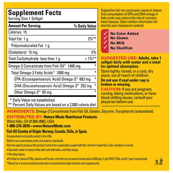 Nature Made Burp Less Ultra Omega 3 Fish Oil 1400 mg Softgels, Fish Oil Supplements, 100 Count