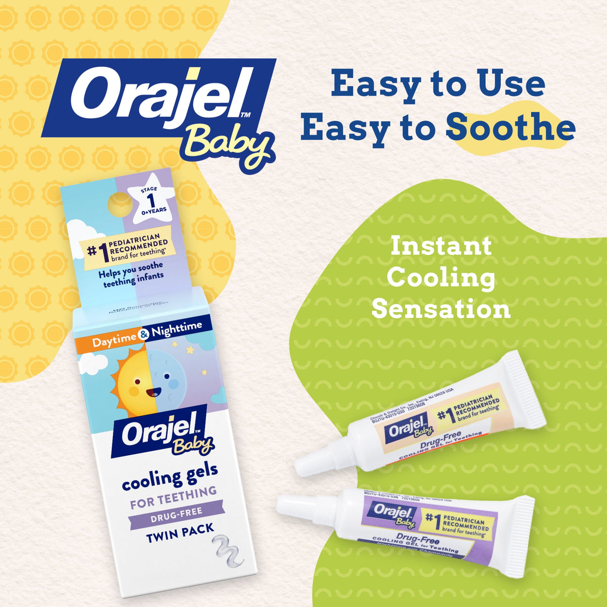 Orajel Baby Teething Cooling Gels, Drug-Free Relief for Painful Gums, Day & Night, 0.18 oz, 2 Ct