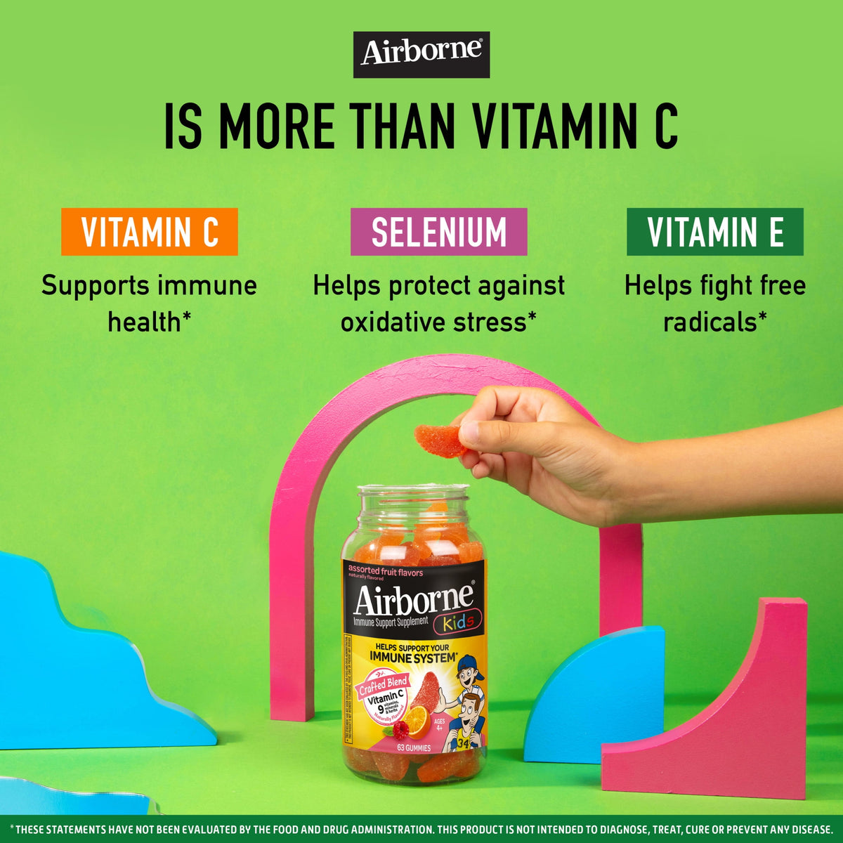 Airborne 500mg Vitamin C Immune Support Kids Gummies, Assorted Fruit Flavor, 63 Count
