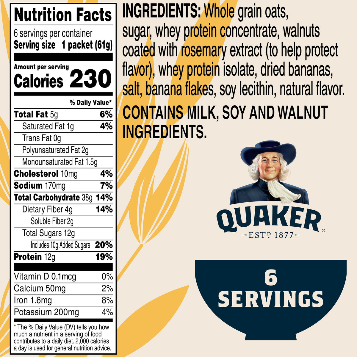 Quaker Protein Instant Oatmeal, Banana Nut, 12g Protein per Serving, Whole Grains, No Artificial Flavors, 2.15 oz Packets, (6 Pack)​