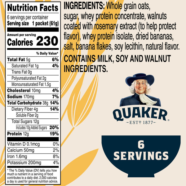 Quaker Protein Instant Oatmeal, Banana Nut, 12g Protein per Serving, Whole Grains, No Artificial Flavors, 2.15 oz Packets, (6 Pack)​