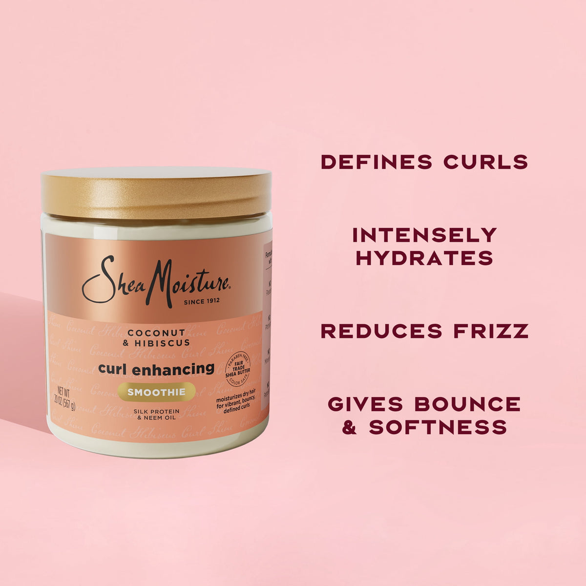 SheaMoisture Curl Enhancing Smoothie Hair Cream for Thick, Curly Hair Coconut and Hibiscus Sulfate Free and Paraben Free Curl Cream, 20 oz