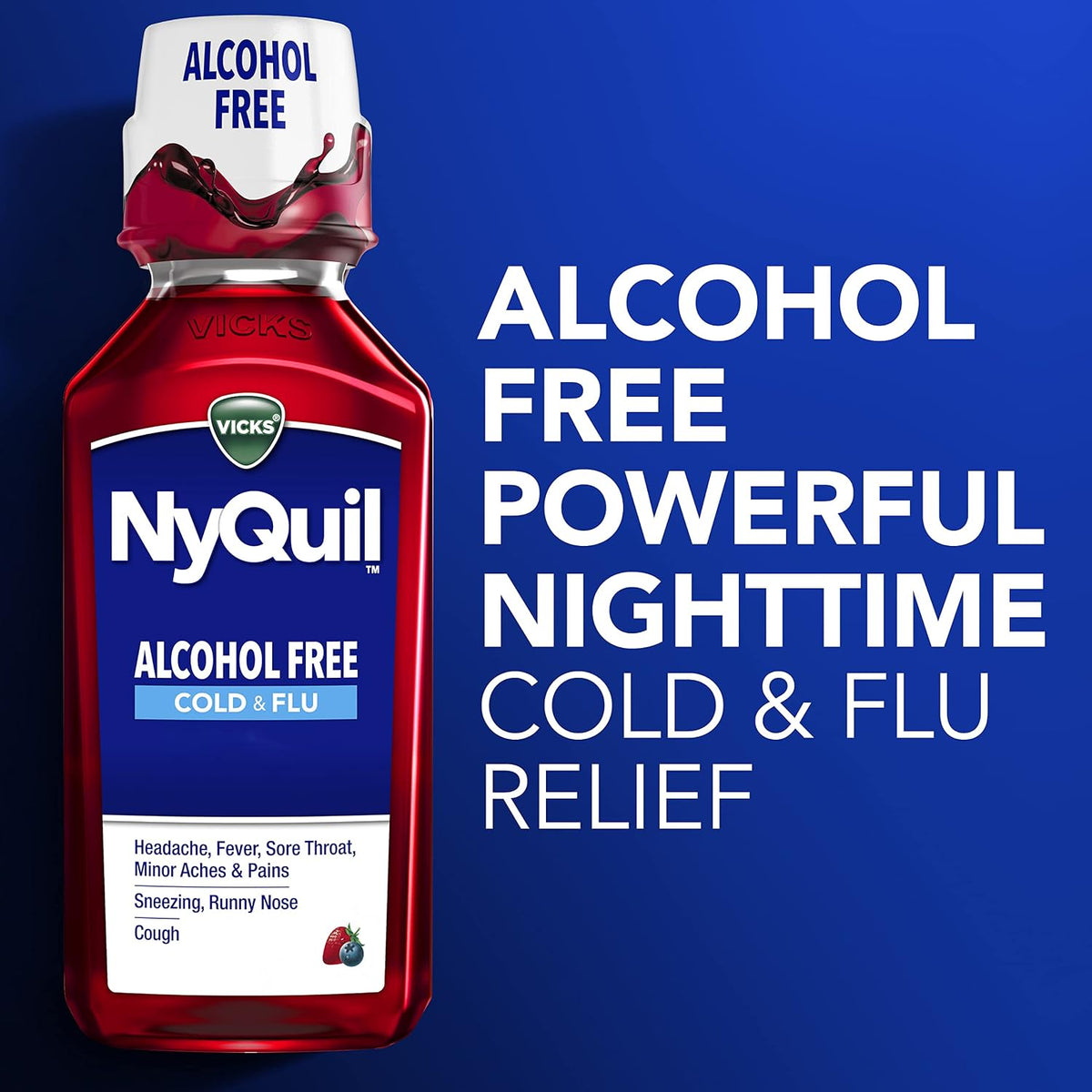 Vicks NyQuil, Alcohol Free, Cough, Cold & Flu Relief, Sore Throat, Fever & Congestion Relief, Berry, 12 Fl Oz