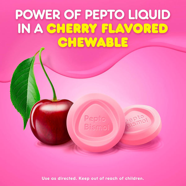 Pepto Bismol Cherry Chewable Tablets, Upset Stomach Relief, Nausea Relief, Heartburn Relief, Indigestion Relief, Anti Diarrhea Medication for Adults