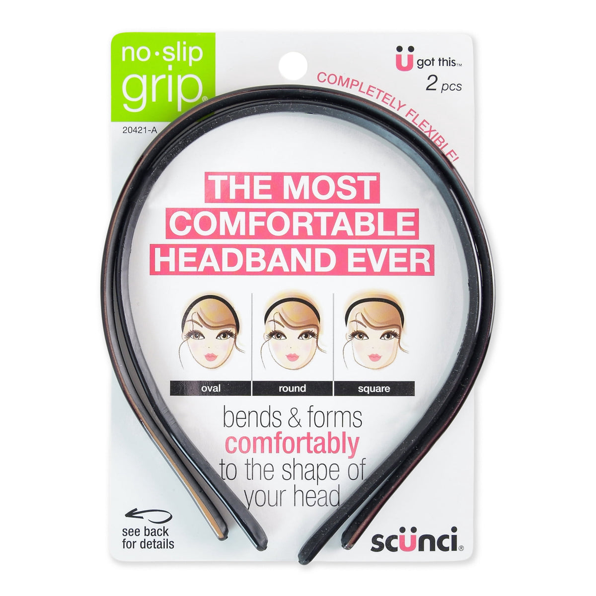 Scunci No-Slip Grip Flexible Skinny Plastic Headbands, Multicolor, 2 Count