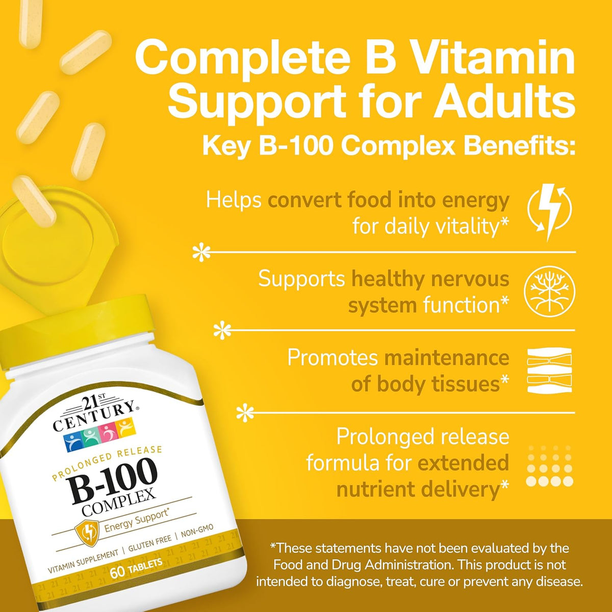 21st Century B-100 Complex Prolonged Release Tablets, Energy, 60 Count