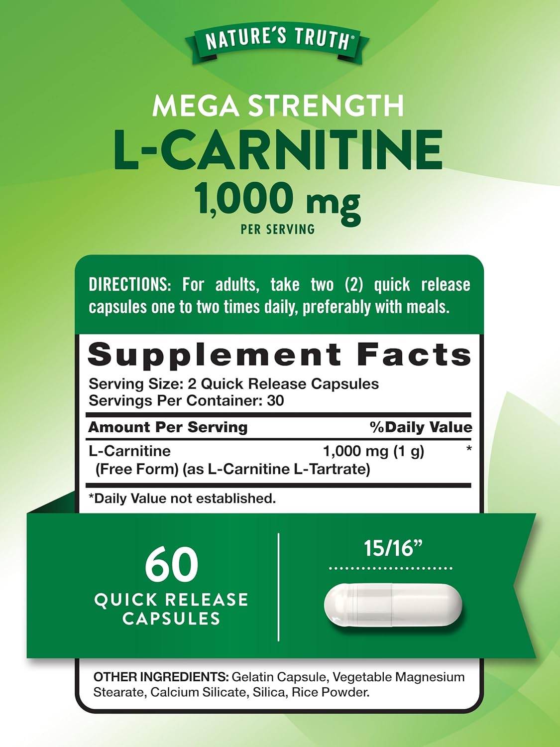 Nature's Truth L-Carnitine, 500 mg, Dietary Supplement, Capsules, 60 ea - OTC Shoppe Express