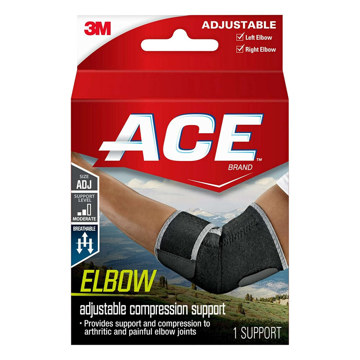 ACE Brand Adjustable Compression Elbow Support, Moderate Support for Weak, Sore or Injured Joints, Adjustable Features, One Size Fits Most