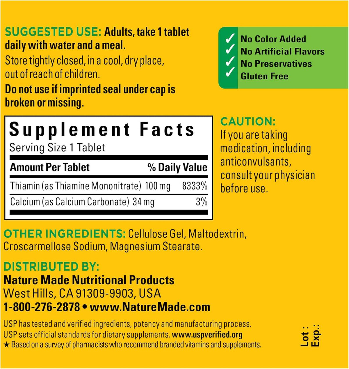 Nature Made Vitamin B-1, 100 mg, Dietary Supplement, Tablets, 100 ea - OTC Shoppe Express