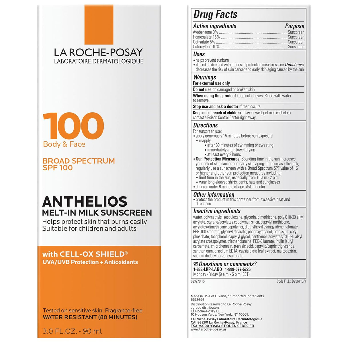 La Roche-Posay Anthelios Melt-in Milk Body & Face Sunscreen Lotion, SPF 100, 3 oz