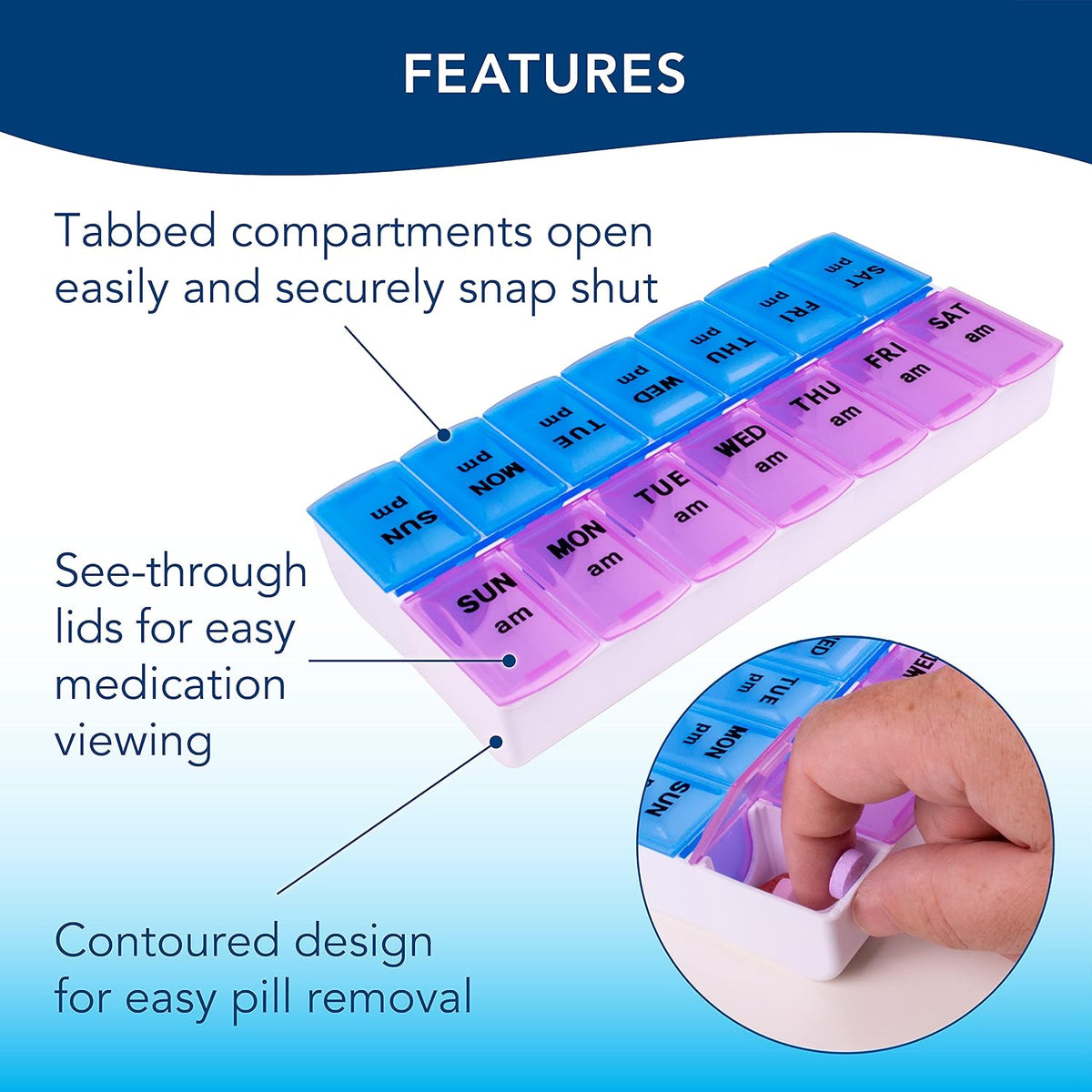 Apex Weekly AM/PM Medication Dispenser, 7-Day Twice-A-Day Pill Organizer with Easy-Open Lids (Color May Vary)