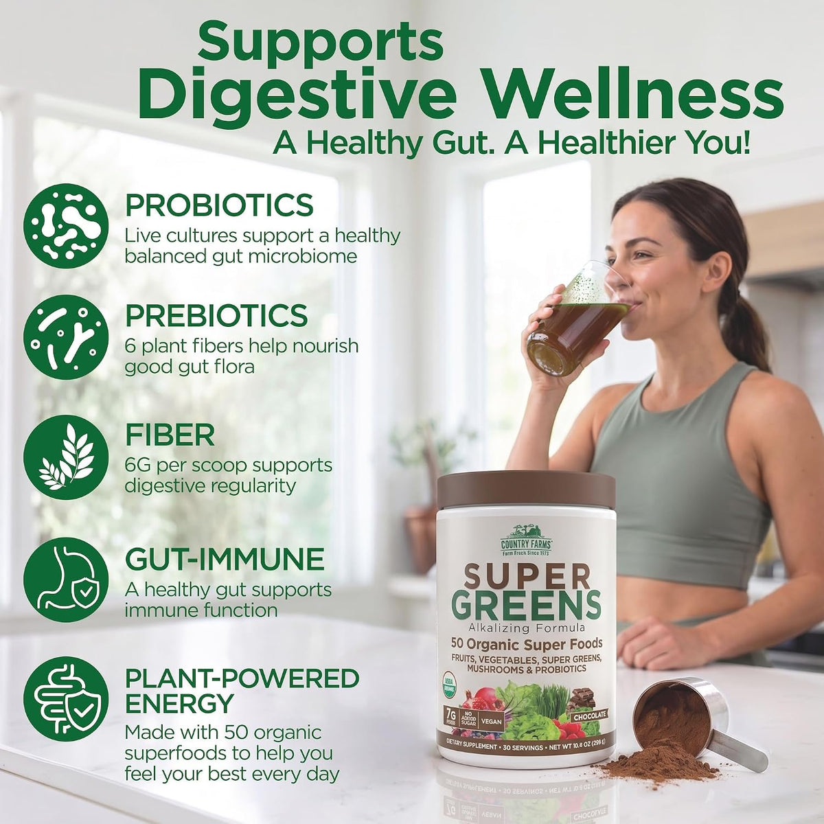 Country Farms Organic Super Greens Powder, Chocolate Flavor, Daily Greens with Fiber, Mushrooms & Probiotics for Gut Health and Energy