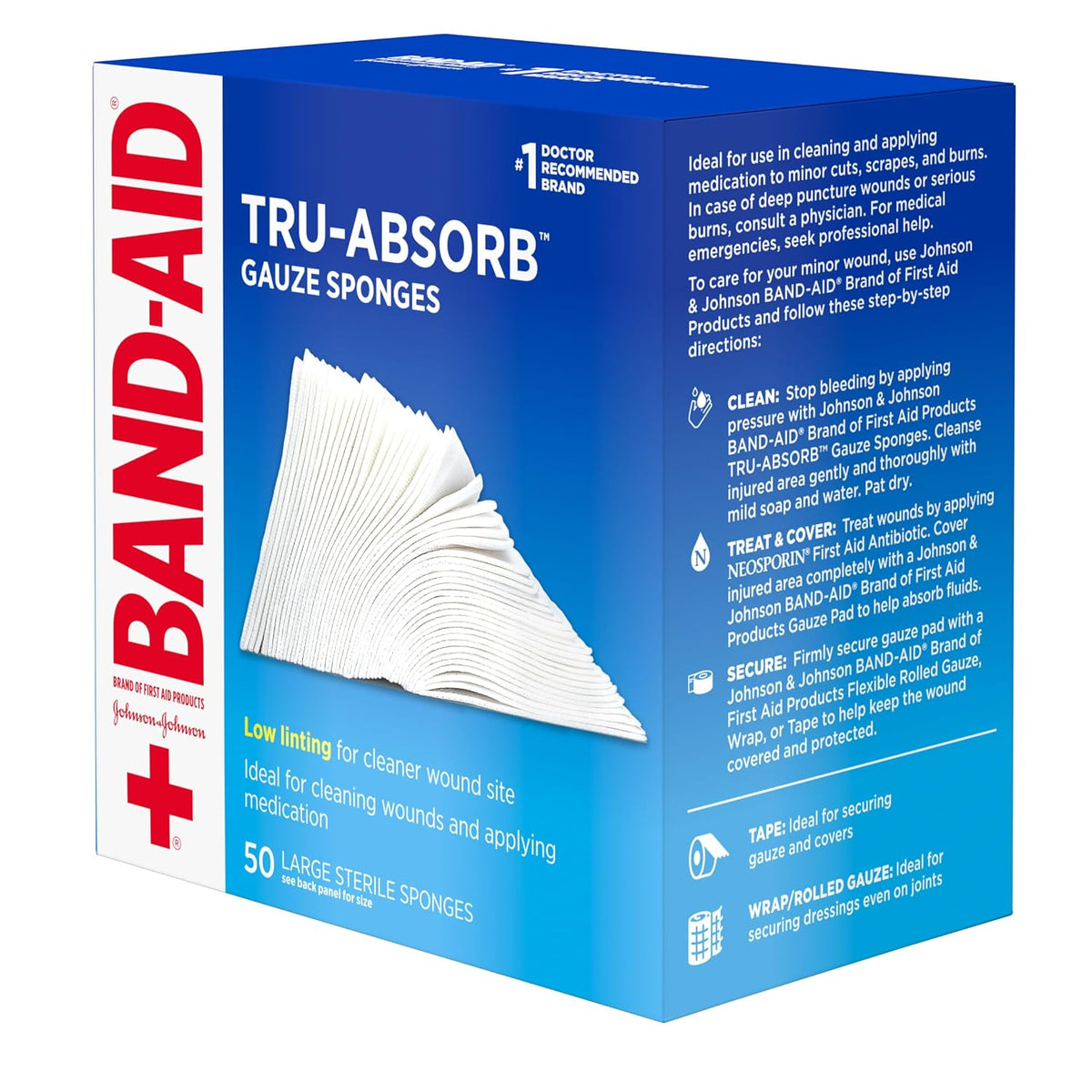 BAND-AID Brand Tru-Absorb Gauze Sponges, Large Size, 4 in x 4 in, 50 Count
