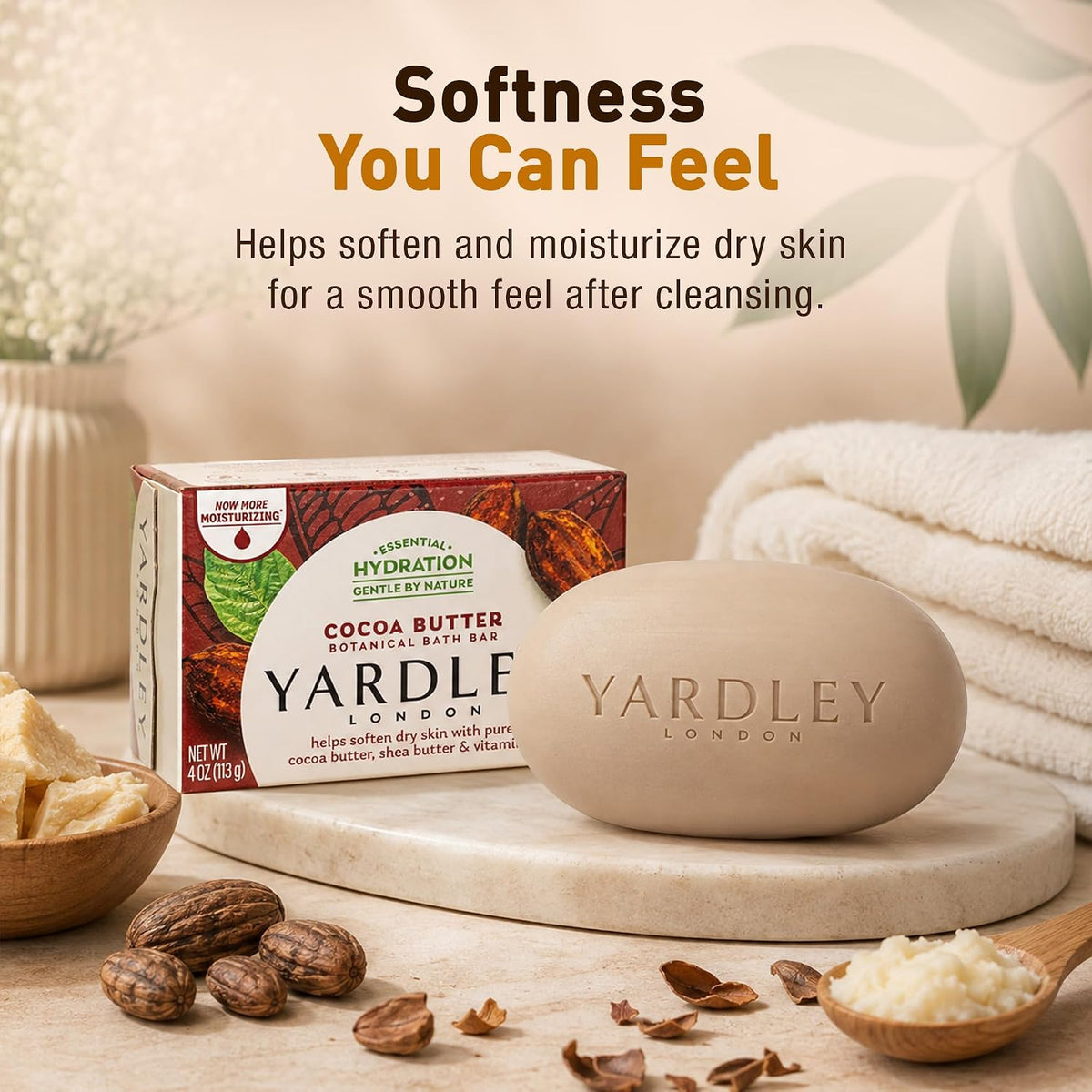 Yardley London Nourishing Bath Soap Bar Cocoa Butter, Helps Soften Dry Skin with Pure Cocoa Butter, Shea Butter & Vitamin E, 4.0 oz Bath Bar, 1 Soap