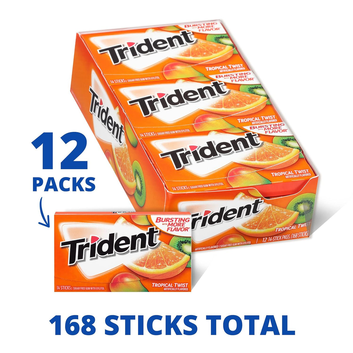 Trident Sugar Free Gum Packs, Tropical Twist, 14 Count (Pack of 12)