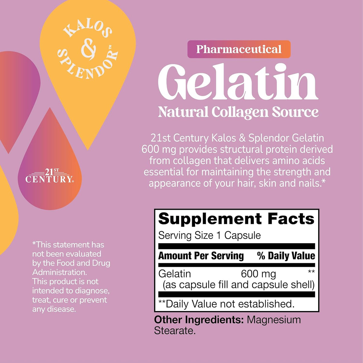 21st Century Gelatin 600mg Capsules for Hair, Skin & Nails, 100 Count