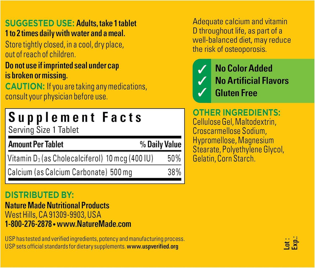 Nature Made Calcium, 500 mg, With Vitamin D, Tablets, 130 ea - OTC Shoppe Express