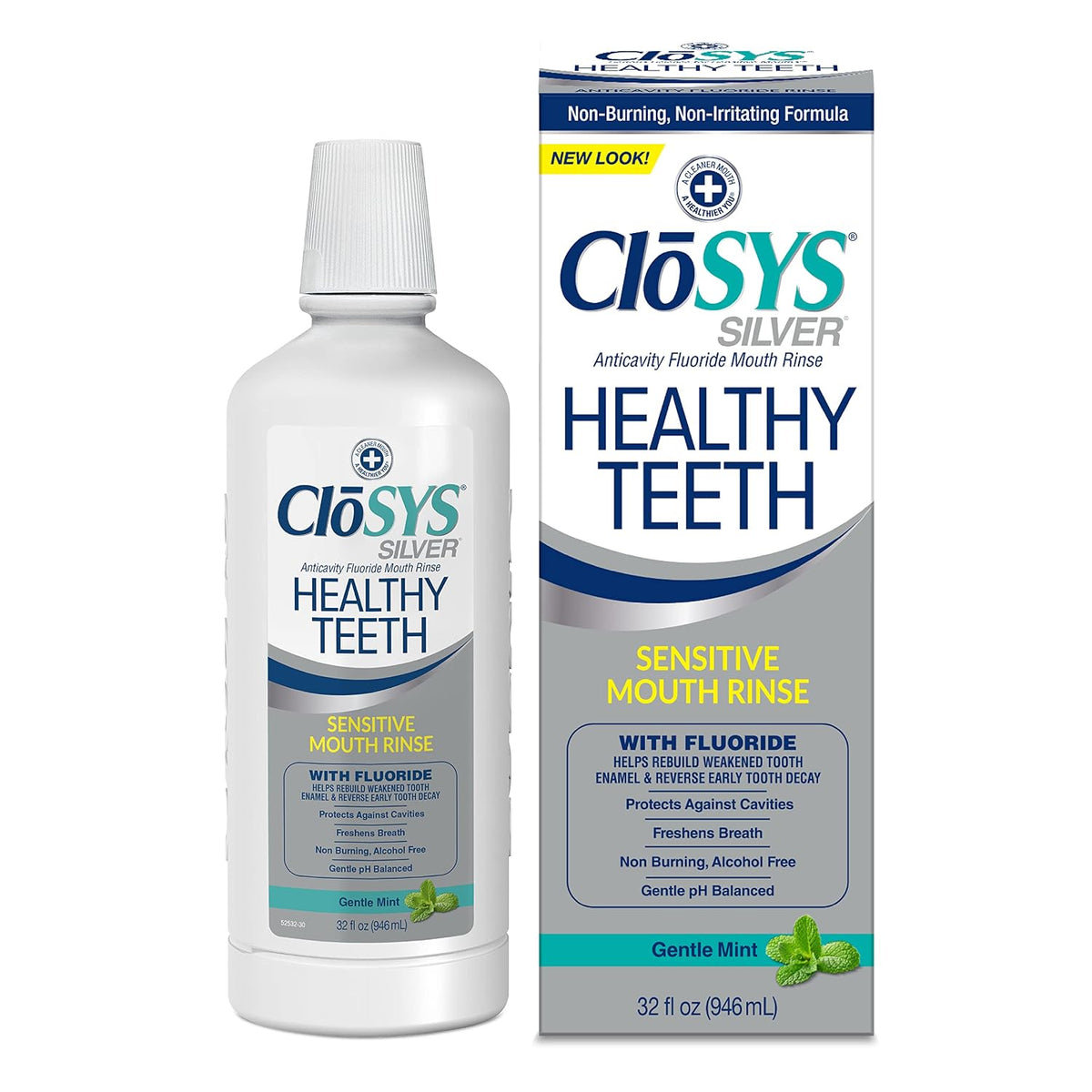 CloSYS Healthy Teeth Oral Rinse Mouthwash - 32 Fl Oz & Silver Fluoride Toothpaste for Adults 55+, 3.4 Ounce, Gentle Mint, Travel Size, TSA Compliant