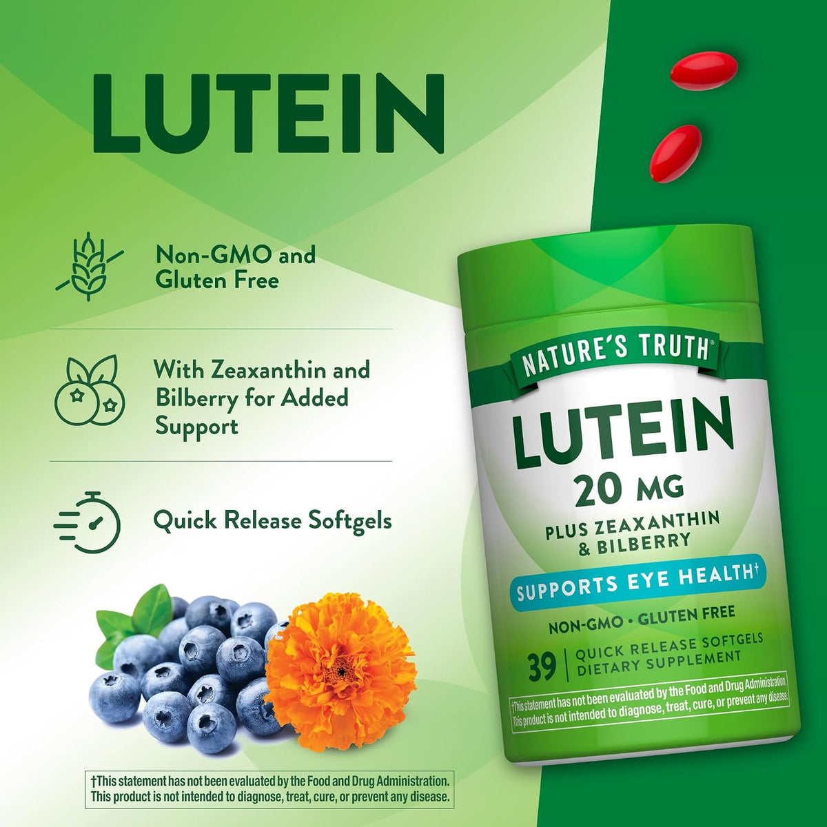 Nature's Truth Lutein and Zeaxanthin | 20 mg | 39 Softgels | with Bilberry