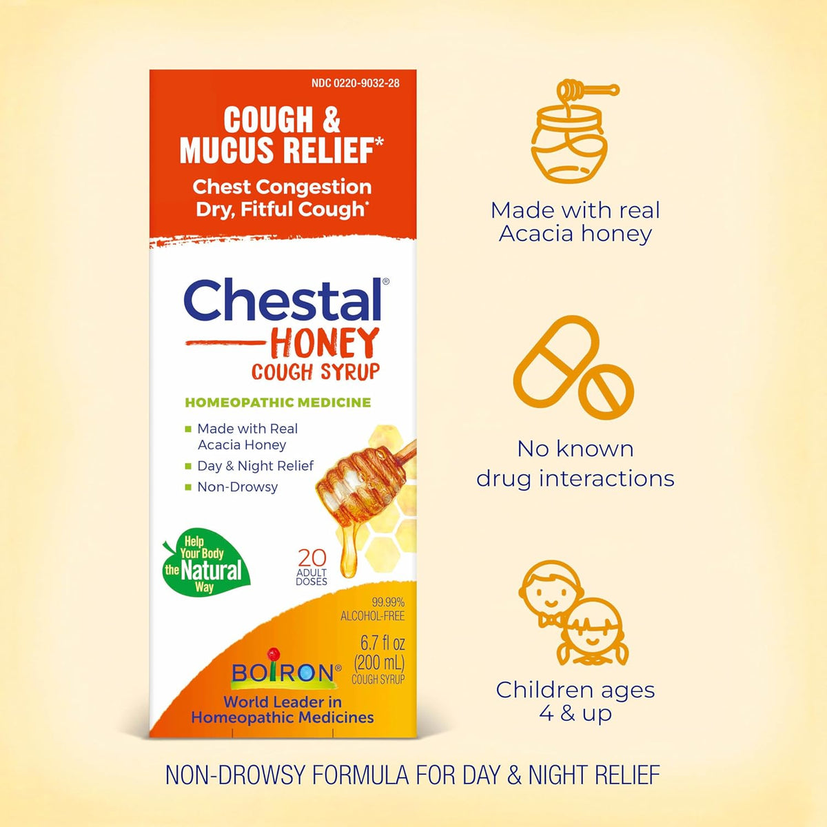 Boiron Chestal Honey Adult Cold and Cough Syrup for Nasal and Chest Congestion, Runny Nose, and Sore Throat Relief - 6.7 Fl oz