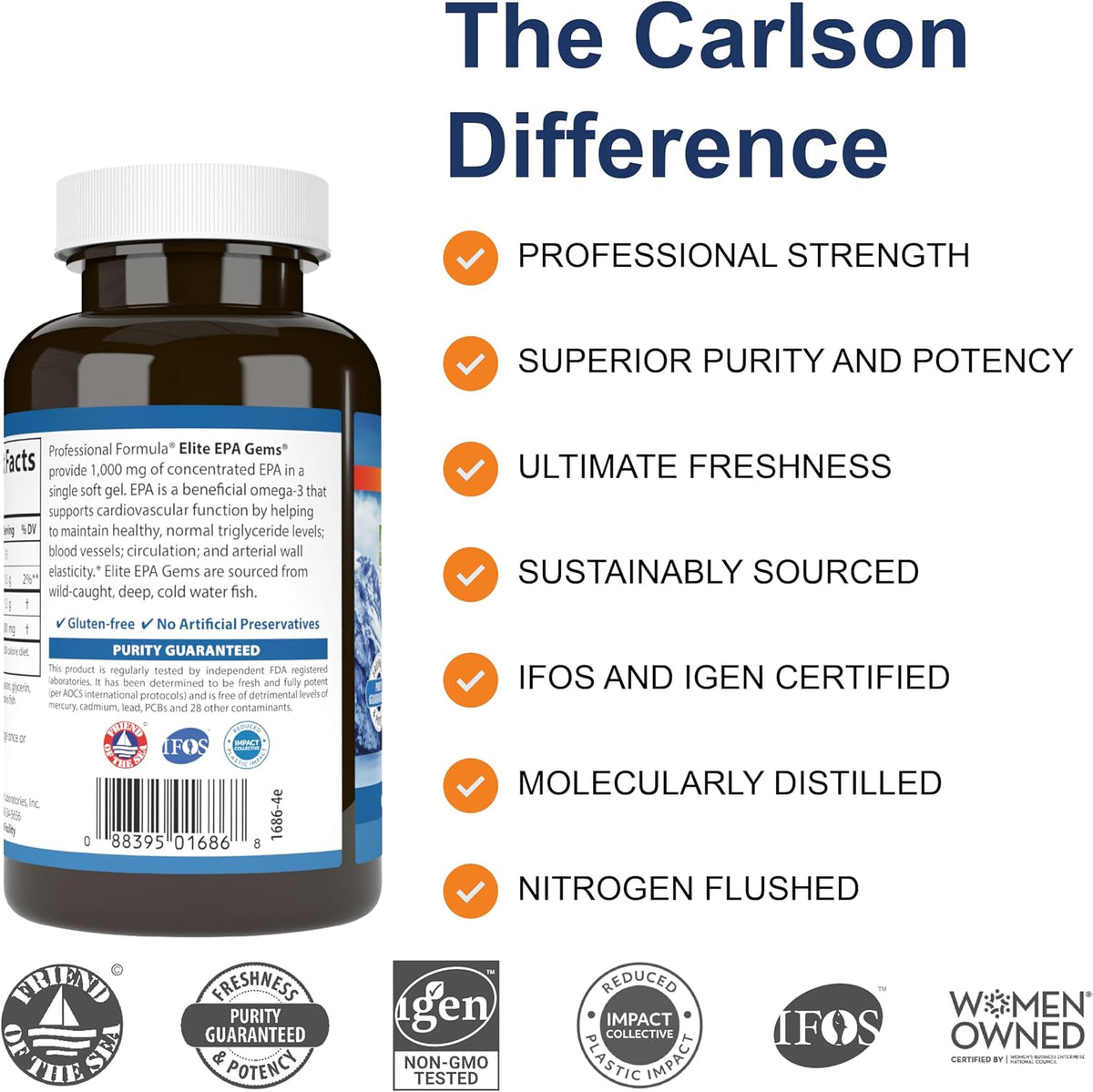 Carlson Elite EPA Gems, 1000 mg, Wild-Caught, 60 Softgels