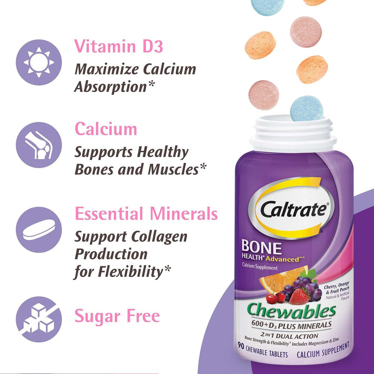 Caltrate Chewables 600 Plus D3 Vitamin D and Calcium Supplement, 155 count