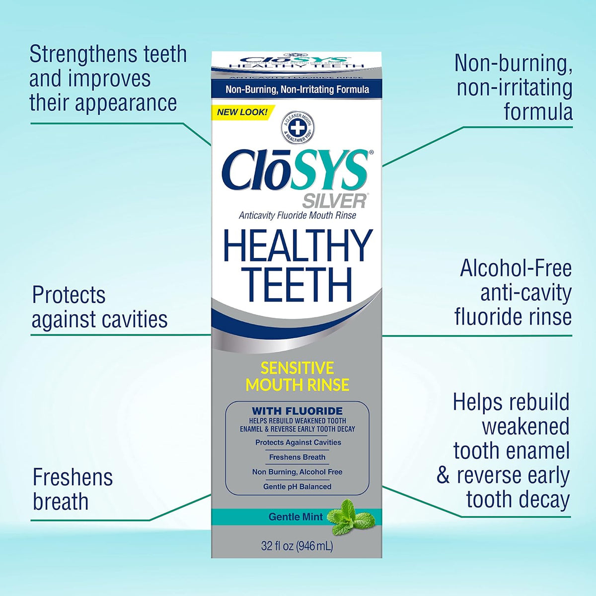CloSYS Healthy Teeth Oral Rinse Mouthwash - 32 Fl Oz & Silver Fluoride Toothpaste for Adults 55+, 3.4 Ounce, Gentle Mint, Travel Size, TSA Compliant
