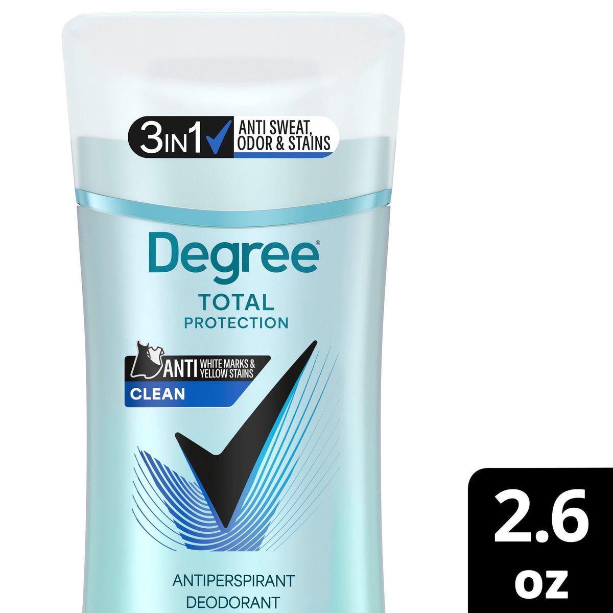 Degree 3in1 Total Protection Antiperspirant for Women Clean Anti Sweat, Odor and Stains 72-Hour Sweat and Odor Protection, 2.6 oz