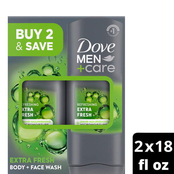 Dove Men+Care Body Wash for Men's Skin Care Extra Fresh Effectively Washes Away Bacteria While Nourishing Your Skin, 18 fl oz, 2 Count
