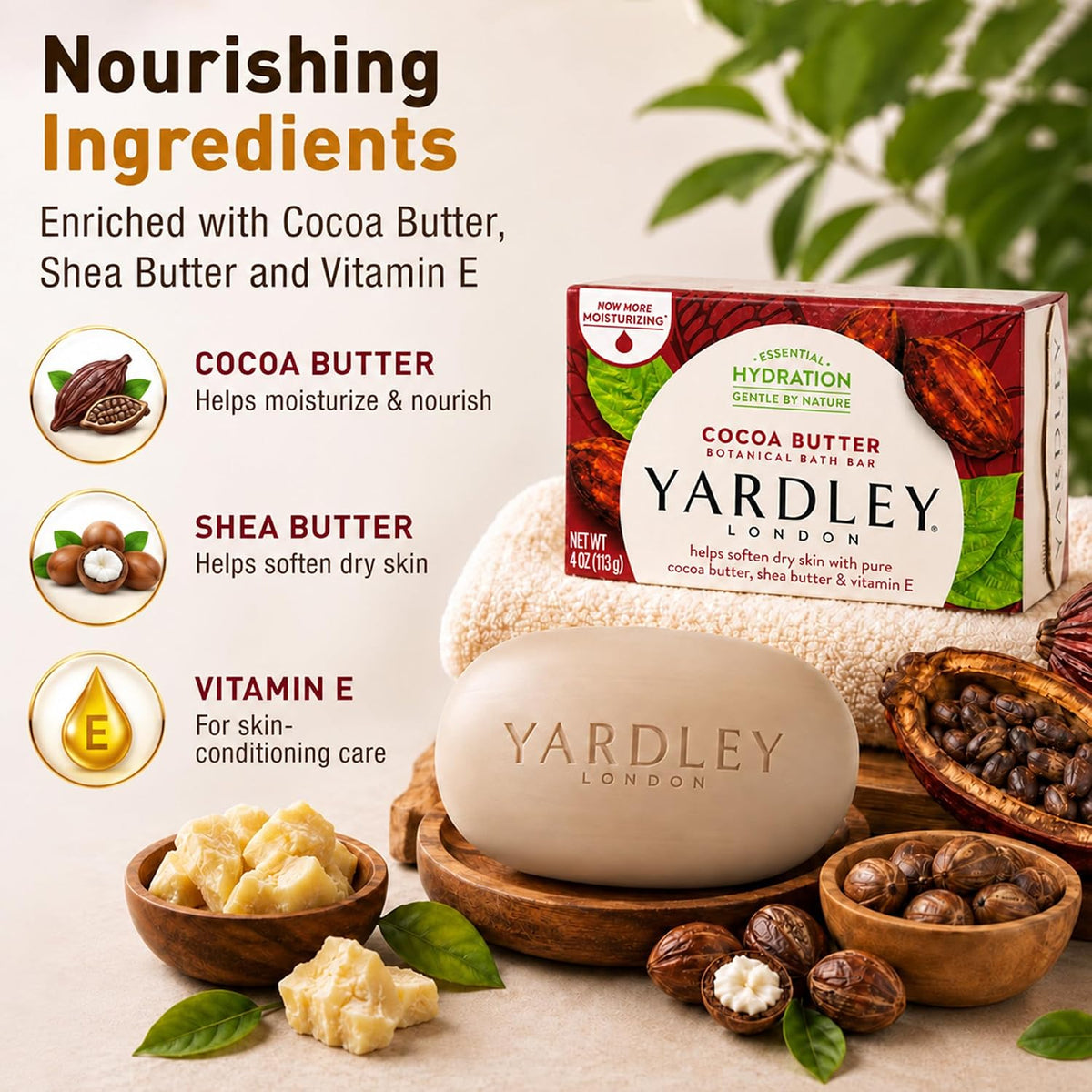 Yardley London Nourishing Bath Soap Bar Cocoa Butter, Helps Soften Dry Skin with Pure Cocoa Butter, Shea Butter & Vitamin E, 4.0 oz Bath Bar, 1 Soap