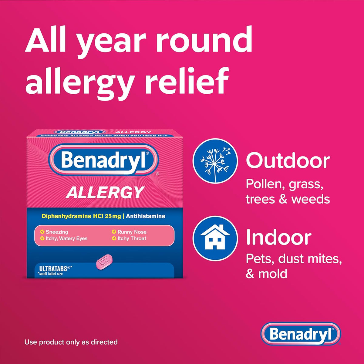 Benadryl Allergy Relief Ultratabs, 25 mg Diphenhydramine HCl, 48 ct
