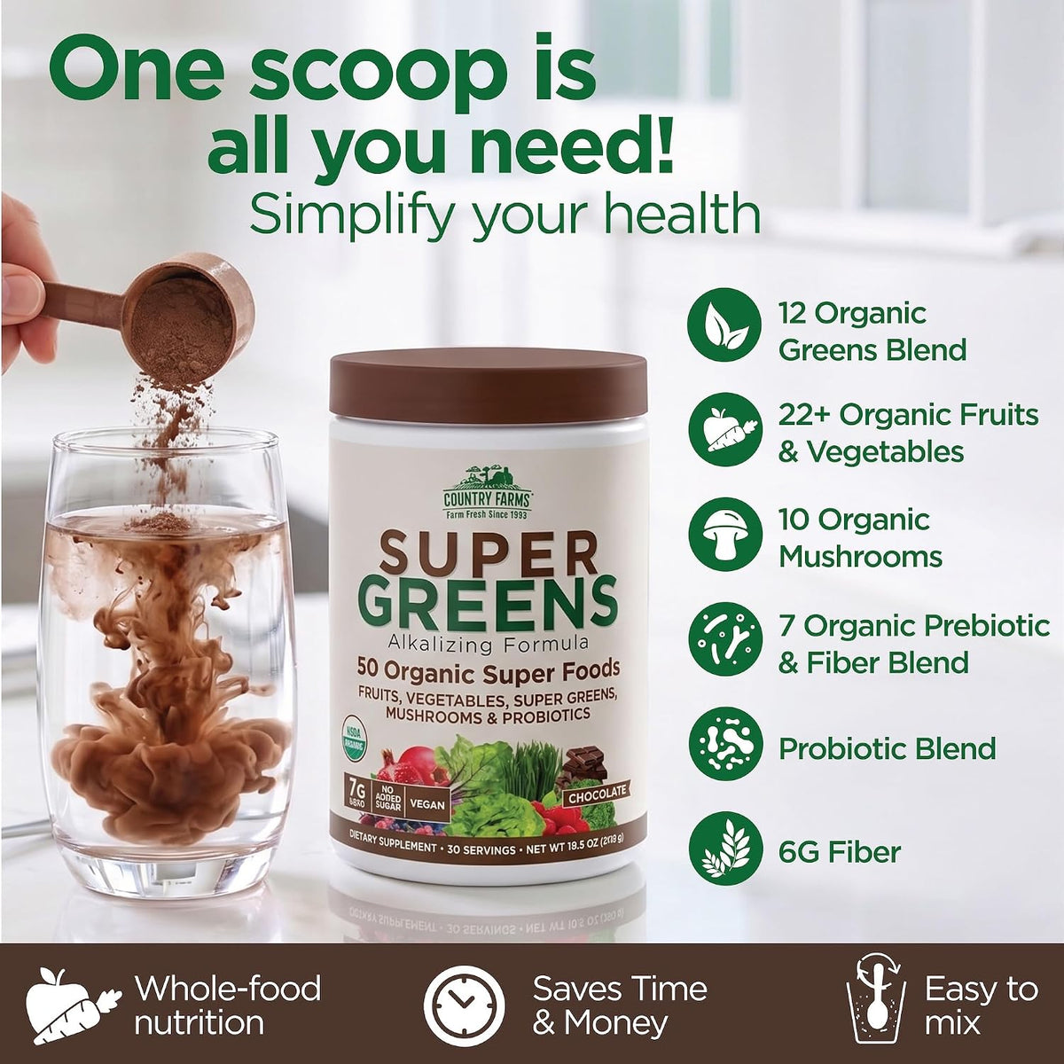 Country Farms Organic Super Greens Powder, Chocolate Flavor, Daily Greens with Fiber, Mushrooms & Probiotics for Gut Health and Energy
