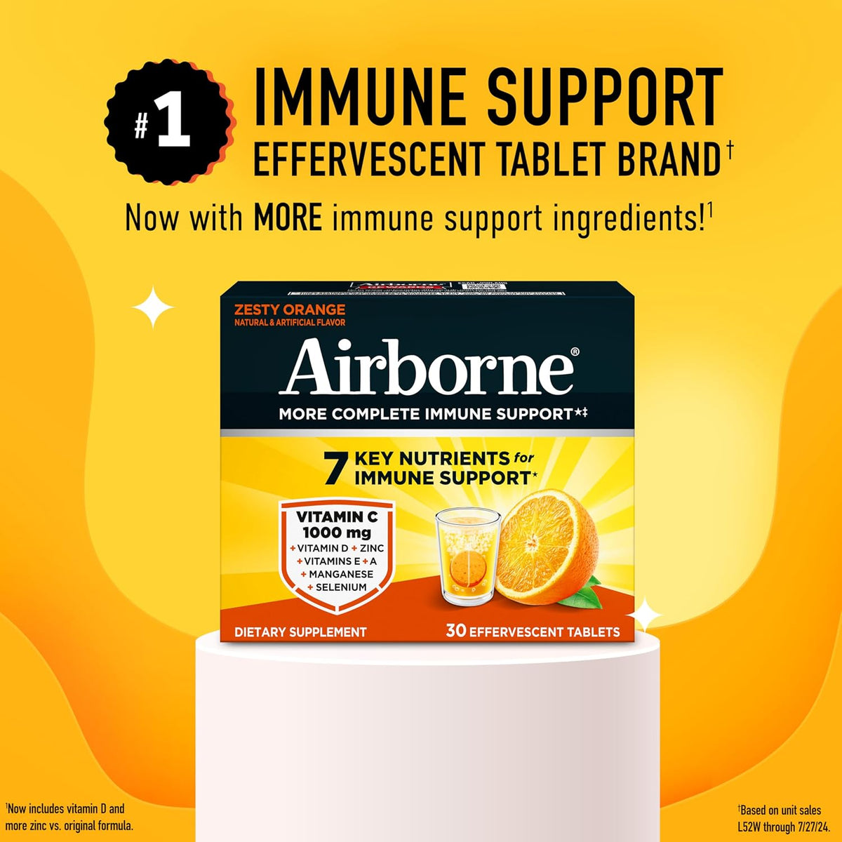 Airborne Immune Support Effervescent Tablets, Zesty Orange Flavor - 30ct with 1000mg Vitamin C + Vitamins A, D, E, Zinc, Selenium, Manganese & Herbal