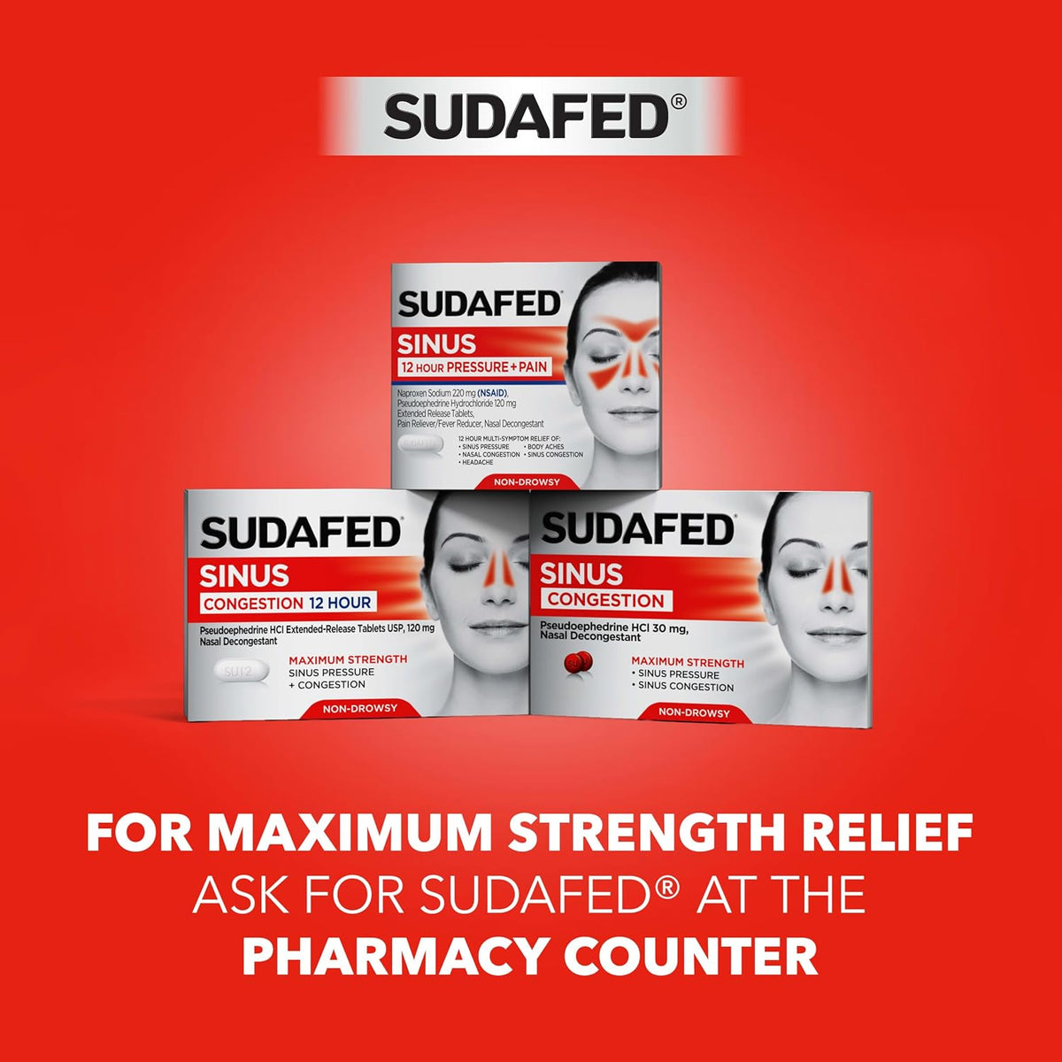 Sudafed PE Sinus Pressure + Pain Relief Tablets, Non-Drowsy, 24 Ct
