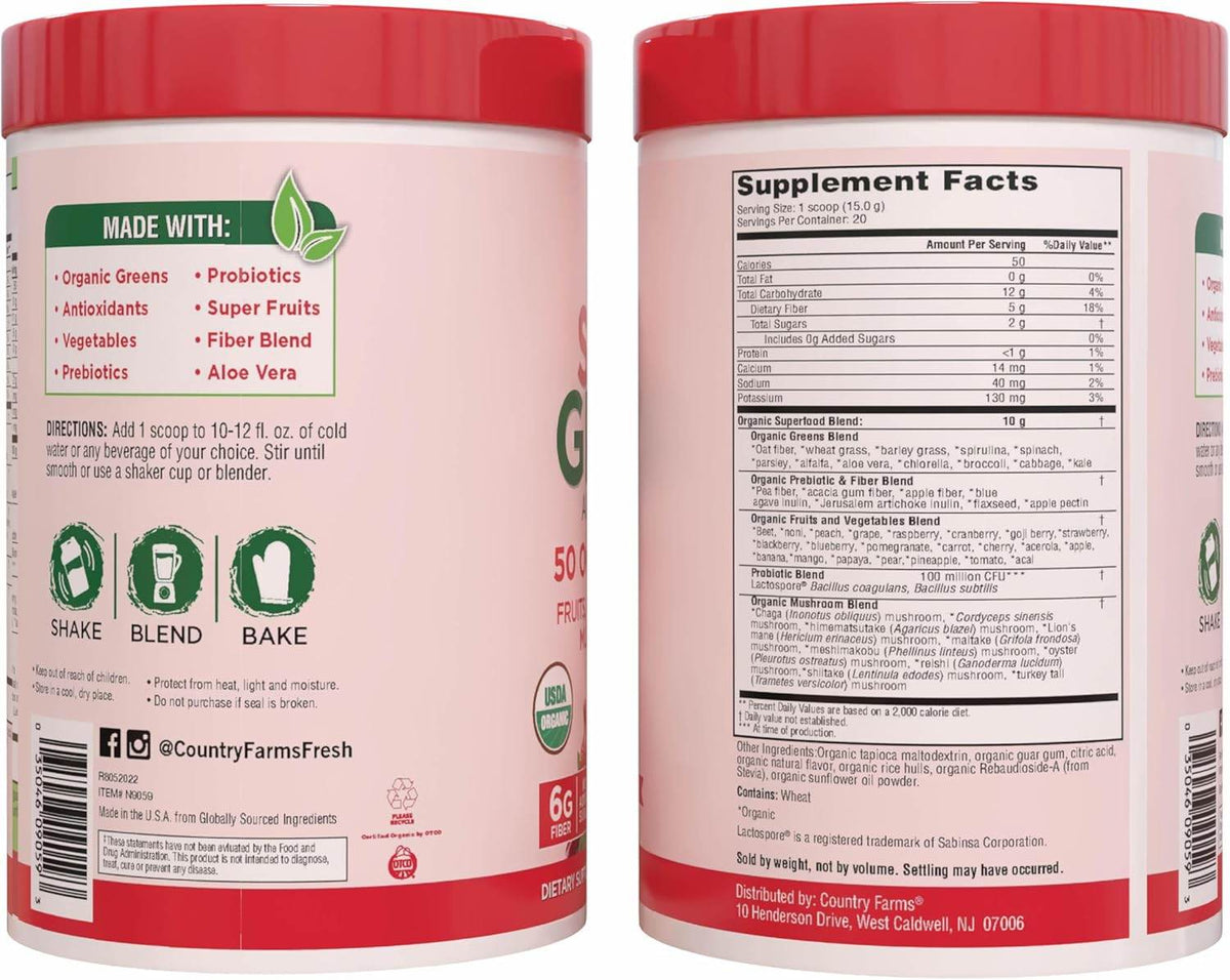 Country Farms Super Greens, Delicious Berry Flavor, 10.6 oz - OTC Shoppe Express