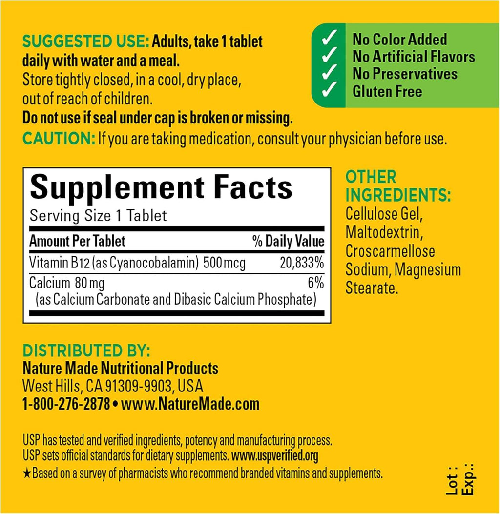 Nature Made Vitamin B12, 500 mcg, Tablets, 100 ea - OTC Shoppe Express