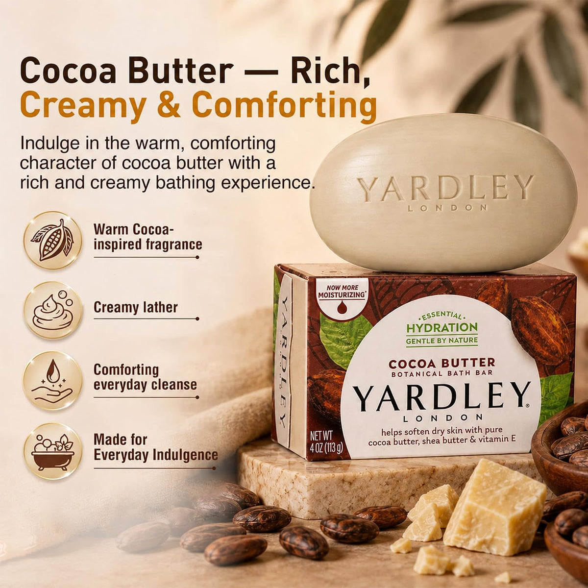 Yardley London Nourishing Bath Soap Bar Cocoa Butter, Helps Soften Dry Skin with Pure Cocoa Butter, Shea Butter & Vitamin E, 4.0 oz Bath Bar, 1 Soap