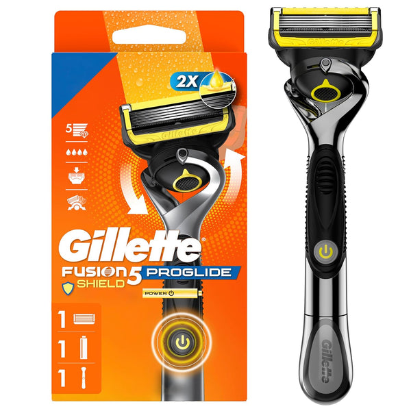 Gillette Fusion5 ProGlide Shield Shaving Razor for Men, 1 Power Razor Handle, 1 Refill, 2x Lubrication, Battery-Powered with FlexBall Handle